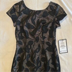 NWT Adrianna Papell Black and Bronze Leaf Print Metallic Sheath Cocktail Dress